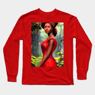Safari Queen: Majestic African Woman in Red Feather Robe Long Sleeve T-Shirt